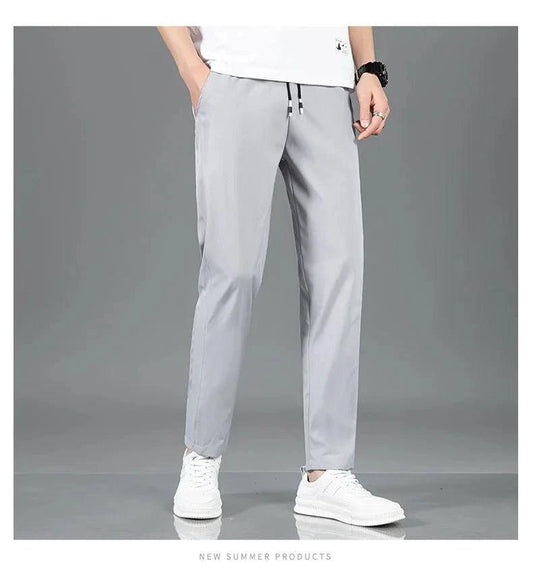 Ice Silk Men's Pants 2025 Summer New Black Gray Thin Business Casual Pants Outdoor Elastic Breathable Straight Leg Sweatpants - MANDOTOS