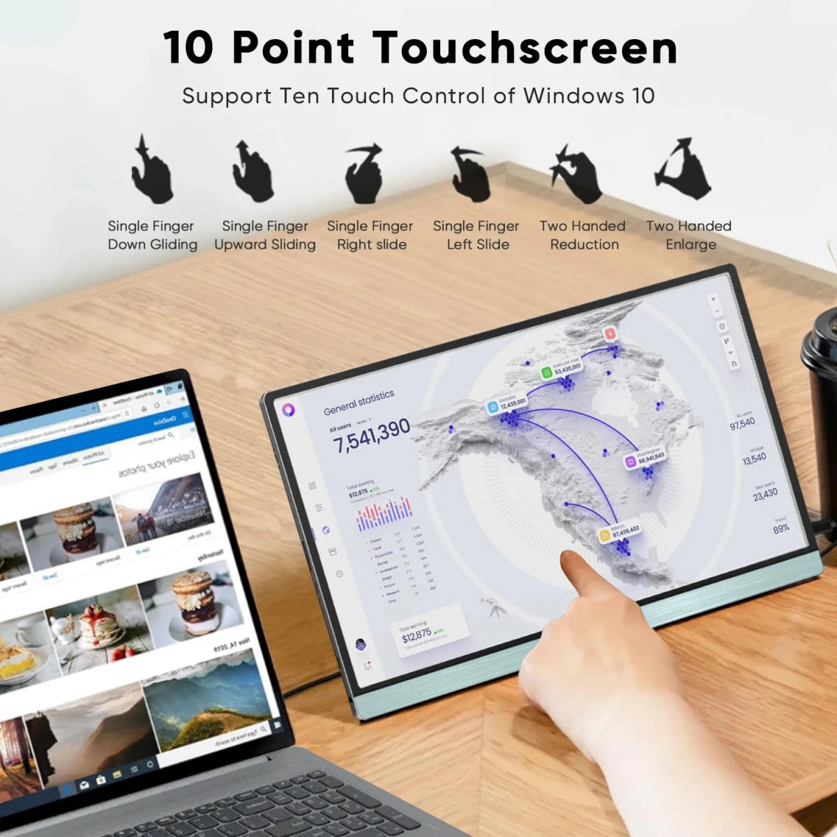 Mandotos International 13-inch touch screen USB Type-C monitor for gaming and travel, showing a sleek display with vibrant visuals.