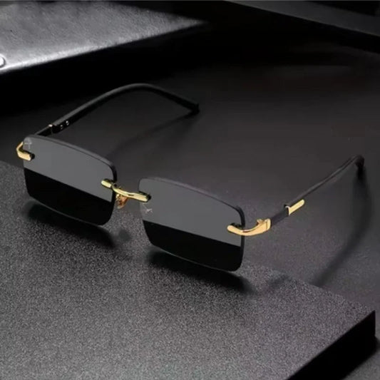 Rimless Y2K rectangle glasses for women and men with retro gradient lenses, UV400 protection, suitable for driving and travel.