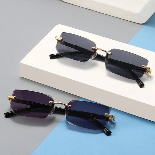 Rimless Y2K style glasses for women and men with retro gradient lenses, frameless rectangle design, UV400 protection, driving and travel eyewear