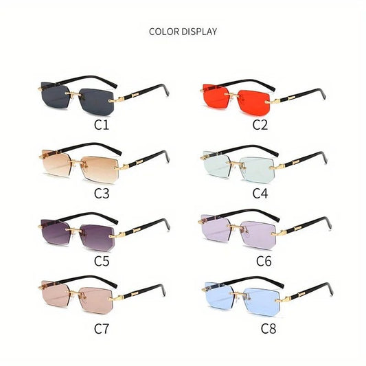 Rimless Y2K rectangular sunglasses for women and men with retro gradient lenses, UV400 protection, ideal for driving and travel.