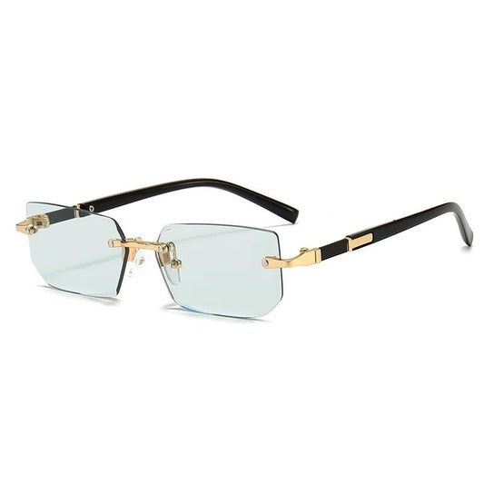 Rimless Y2K style rectangle glasses for women and men with retro gradient lenses, UV400 protection, suitable for driving and travel.