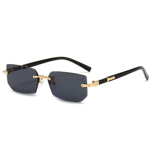 Rimless Y2K rectangle glasses for women and men with retro gradient lenses, UV400 protection, suitable for driving and travel.