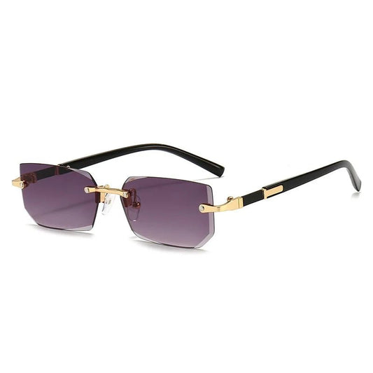 Rimless Y2K rectangle glasses with retro gradient lenses for women and men, UV400 sunglasses for driving and travel.