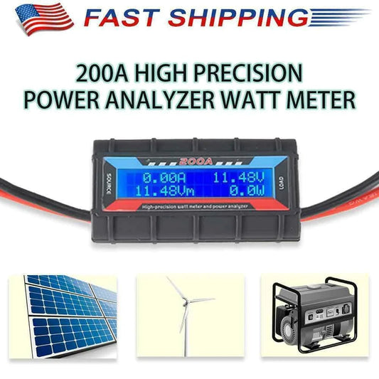 Mandotos International 200A DC LCD Power Analyzer measuring RC batteries and solar panel output with digital display