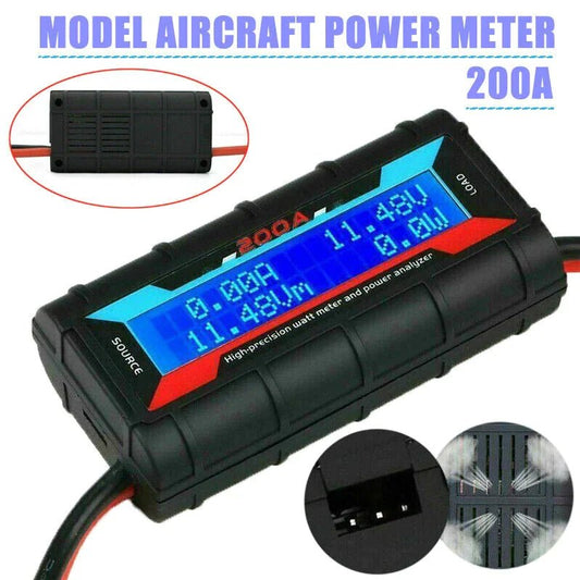 Mandotos International 200A DC LCD Power Analyzer measuring current and voltage for RC batteries and solar panels.