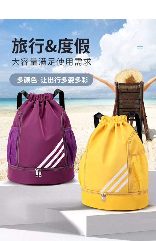 Mandotos International 2024 drawstring backpack with large capacity, multiple pockets, ideal for outdoor training, travel, and gym use.