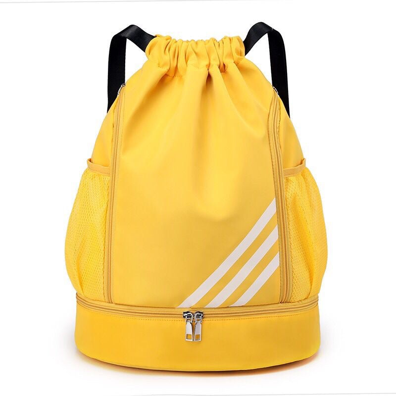Mandotos International 2024 drawstring backpack with large pockets, ideal for outdoor training, basketball, travel, and gym use.