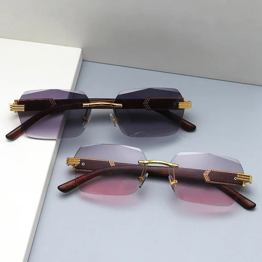 Mandotos International 2024 trendy sunglasses with wood grain metal frame and irregular square design for a modern, fashionable look.