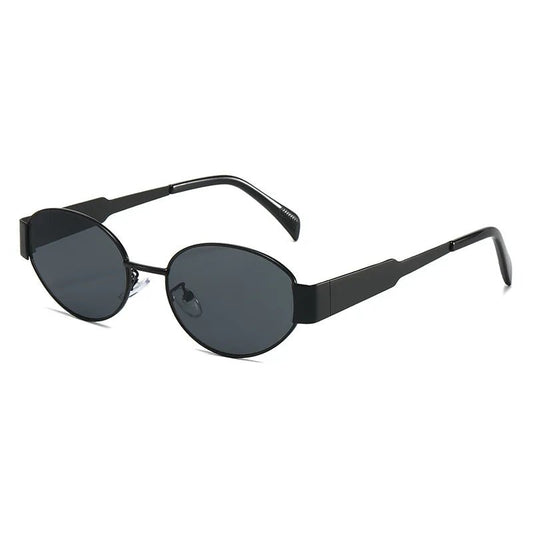 Women's geometric PC sunglasses with elliptical metal frame, premium large design, personalized style by MANDOTOS INTERNATIONAL.