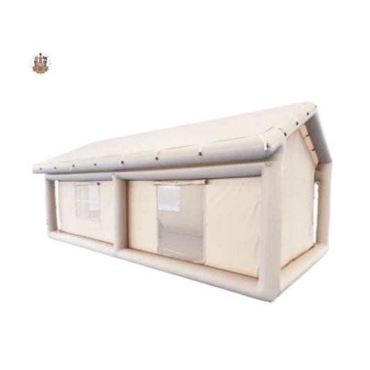 Large luxury outdoor inflatable family tent by MANDOTOS INTERNATIONAL, waterproof, durable, airtight, ideal for camping trips.