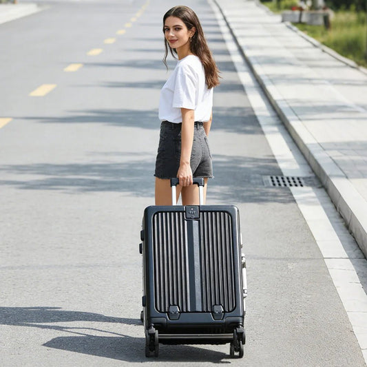 2026 US Warehouse 20 24 Inch Zipperless Aluminum Frame PC Suitcase Luggage High Quality Front Opening Hard Shell Travel Suitcase - MANDOTOS INTERNATIONAL