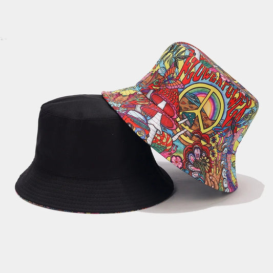 Mandotos International retro graffiti double-sided bucket hat for women and men, perfect for travel, sun, and parties.