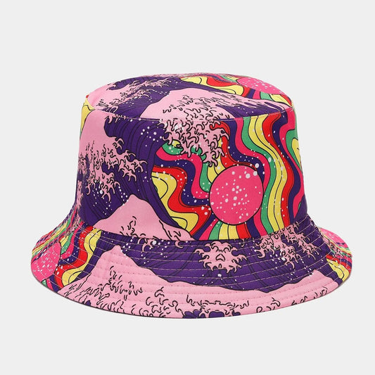 Retro graffiti double-sided bucket hat by MANDOTOS INTERNATIONAL, stylish sun and travel accessory for women and men.