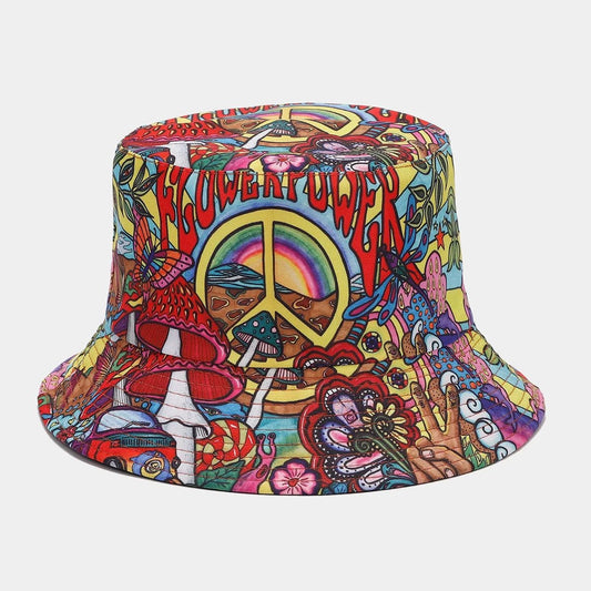 Mandotos International 2027 retro graffiti double-sided bucket hat for women and men, perfect for travel, sun protection, and parties.