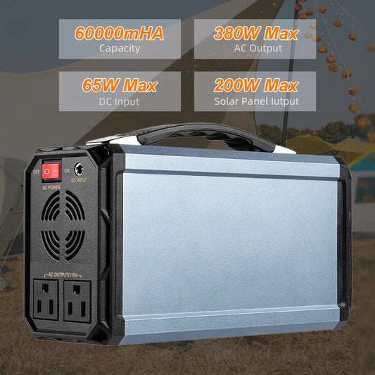 Mandotos International 300W portable solar generator with AC outlet, ideal for camping and travel use.