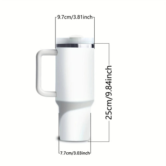 Mandotos International 40 oz stainless steel vacuum travel mug with handle, insulated for hot and cold beverages.