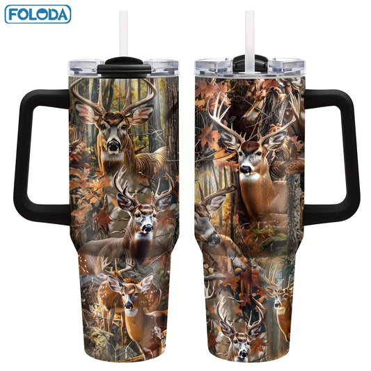 Mandotos International 40 oz stainless steel vacuum travel mug with handle for hot and cold beverages.