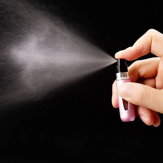 Mini 5ml travel perfume atomizer in aluminum bottle by MANDOTOS INTERNATIONAL, compact and portable for easy fragrance on the go.