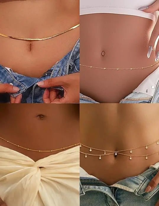 8Pcs Waist Chain 18K Gold Plated Belly Belt Chains Sexy Bikini Beaded Sequin CZ Coin Body Chain Jewelry Accessories Adjustable - MANDOTOS INTERNATIONAL
