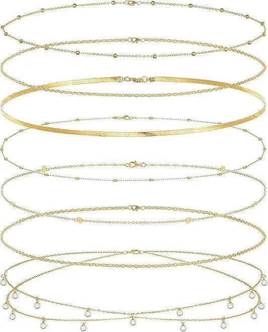 8Pcs Waist Chain 18K Gold Plated Belly Belt Chains Sexy Bikini Beaded Sequin CZ Coin Body Chain Jewelry Accessories Adjustable - MANDOTOS INTERNATIONAL