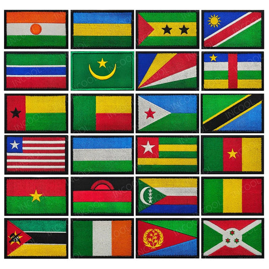 Embroidery patches of African flags and badges featuring Morocco, Nigeria, Gabon, Libya, and Namibia by MANDOTOS INTERNATIONAL.