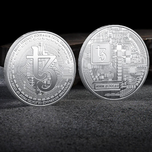 Mandotos International collection of physical metal crypto coins including Bitcoin, Ethereum, Dogecoin, and more in plastic case.