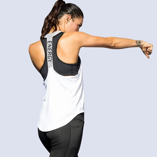 Black sleeveless yoga top for women by MANDOTOS INTERNATIONAL, backless fitness shirt, stretchy and breathable activewear.