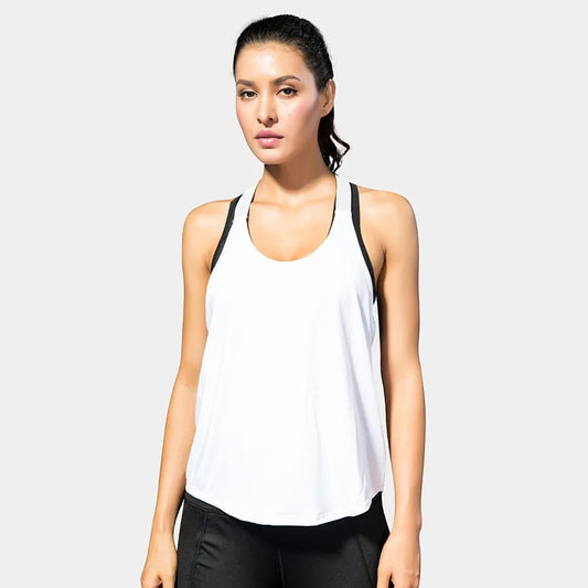 Black sleeveless yoga top for women by MANDOTOS INTERNATIONAL, backless fitness shirt, lightweight and comfortable for exercise.
