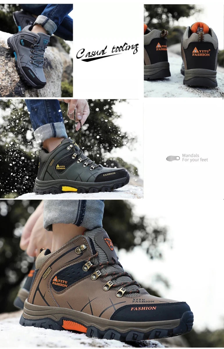 Brand Men Winter Snow Boots Waterproof Leather Sneakers Super Warm Men's Boots Outdoor Male Hiking Boots Work Shoes Size 39-47 - MANDOTOS INTERNATIONAL