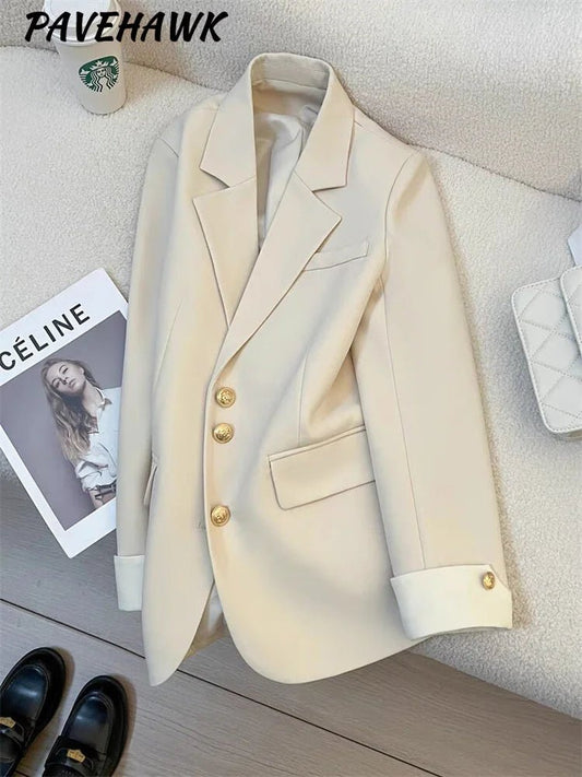Mandotos International women's blazer coat with stand collar, elegant office outerwear, tailored fit, stylish and professional appearance