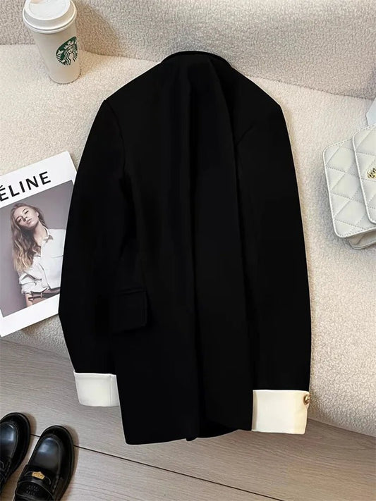 Mandotos International women's blazer coat with stand collar, elegant office outwear, tailored fit, black color, stylish professional look.