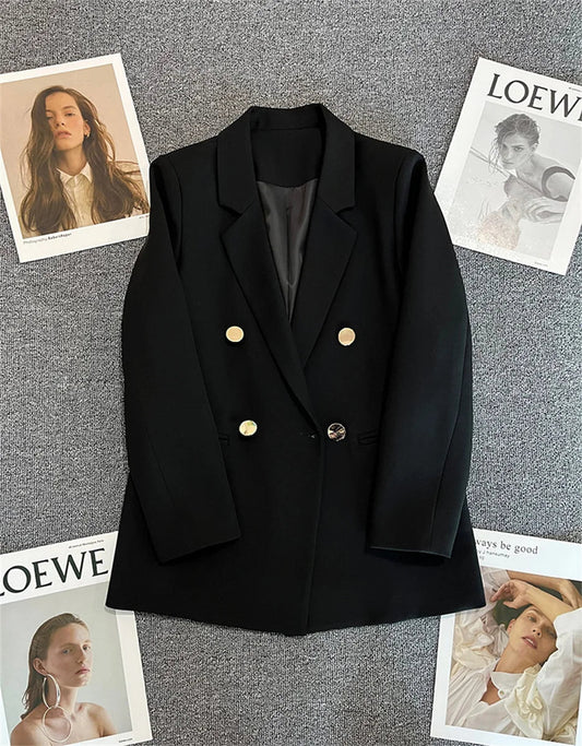 Mandotos International women's blazer coat with stand collar, elegant office outerwear, tailored fit in classic black fabric.