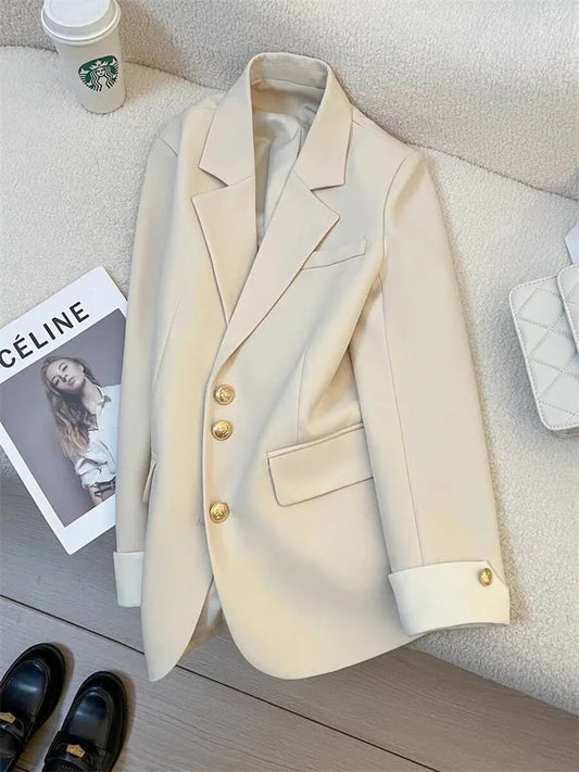 Mandotos International women's blazer coat with stand collar, elegant office outerwear in a stylish, tailored fit.