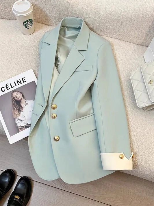 Mandotos International women's blazer coat with a stand collar, stylish office outerwear, elegant and tailored for professional wear.
