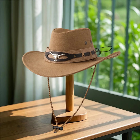Mandotos International chic unisex cowboy hat with wide brim, stylish felt design for sun protection and fashionable cowgirl look.