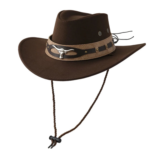 Mandotos International chic unisex cowboy hat with wide brim, stylish felt design for sun protection and fashionable cowgirl look.