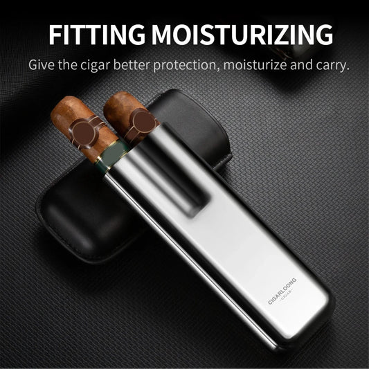 Mandotos International Cigarloong portable stainless steel cigar case with leather exterior and anti-pressure travel design.