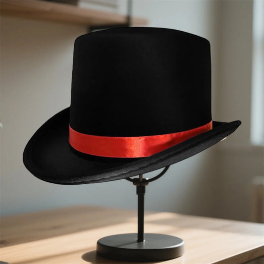 Classic black top hat for adults from Mandotos International, featuring an elegant design suitable for magician costumes.