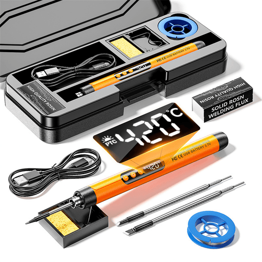 Mandotos International compact digital soldering iron with digital temperature display and ergonomic handle.