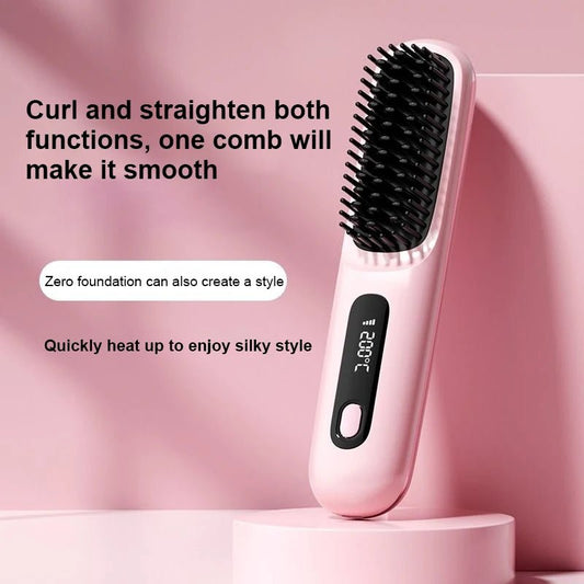 Mandotos International cordless mini hair straightener and styling brush, USB rechargeable hot comb for travel and quick styling.