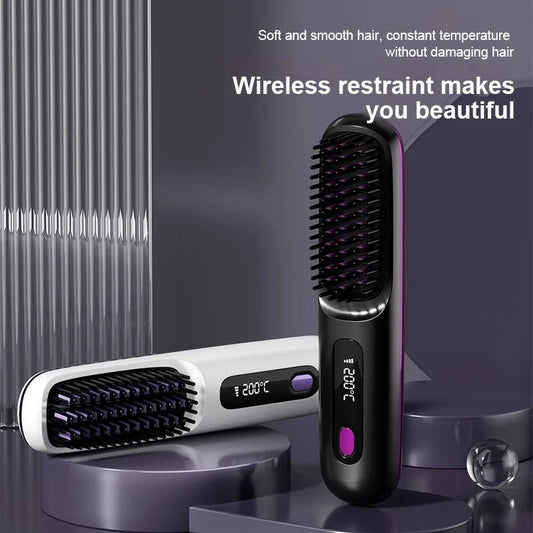 Mandotos International cordless mini hair straightener and styling brush for travel, USB rechargeable hot comb for quick styling.