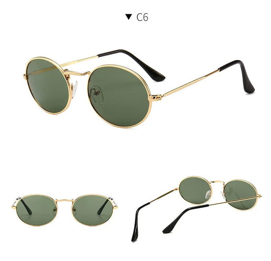 Round metal frame sunglasses with custom logo by MANDOTOS INTERNATIONAL, showcasing stylish eyewear for wholesale and retail.