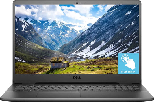 Dell Inspiron 15.6-inch FHD Touch laptop with Intel i5, 12GB RAM, and 256GB SSD, displayed open showing keyboard and screen.