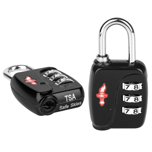 Mandotos International DUALVROWN black luggage lock showing combination dials and sturdy design for secure travel and outdoor use.