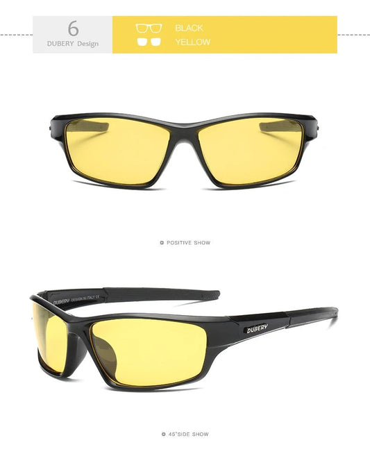 Mandotos International DUBERY 2022 polarized night vision sports sunglasses for men, with sleek black frame and tinted lenses.
