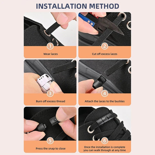 Elastic no-tie shoelaces with press lock from MANDOTOS INTERNATIONAL, suitable for kids and adults' sneakers, shown on a pair of sneakers.
