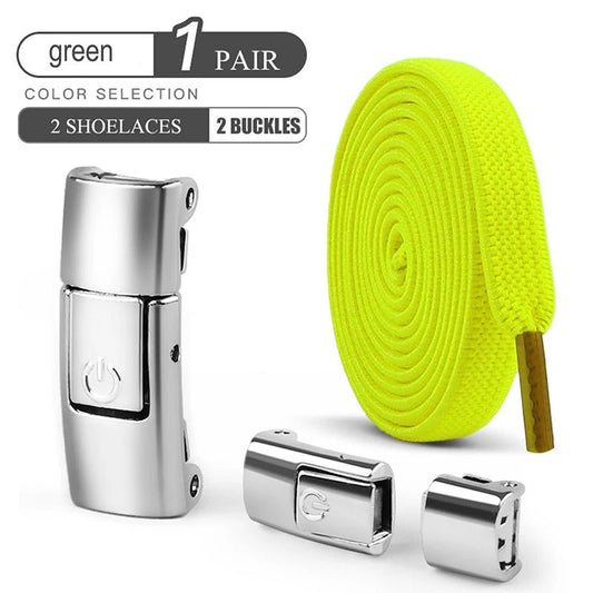 Elastic no-tie shoelaces with press lock from MANDOTOS International, suitable for kids and adults' sneakers, shown installed on shoes.