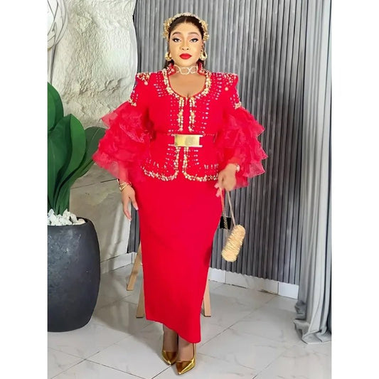 Elegant African V-neck Maxi Dress for Wedding Party - MANDOTOS INTERNATIONAL