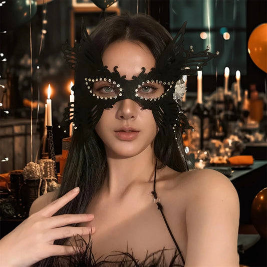 Velvet masquerade mask with intricate design, part of the Elegant Enigma costume headpiece by MANDOTOS INTERNATIONAL for Halloween.